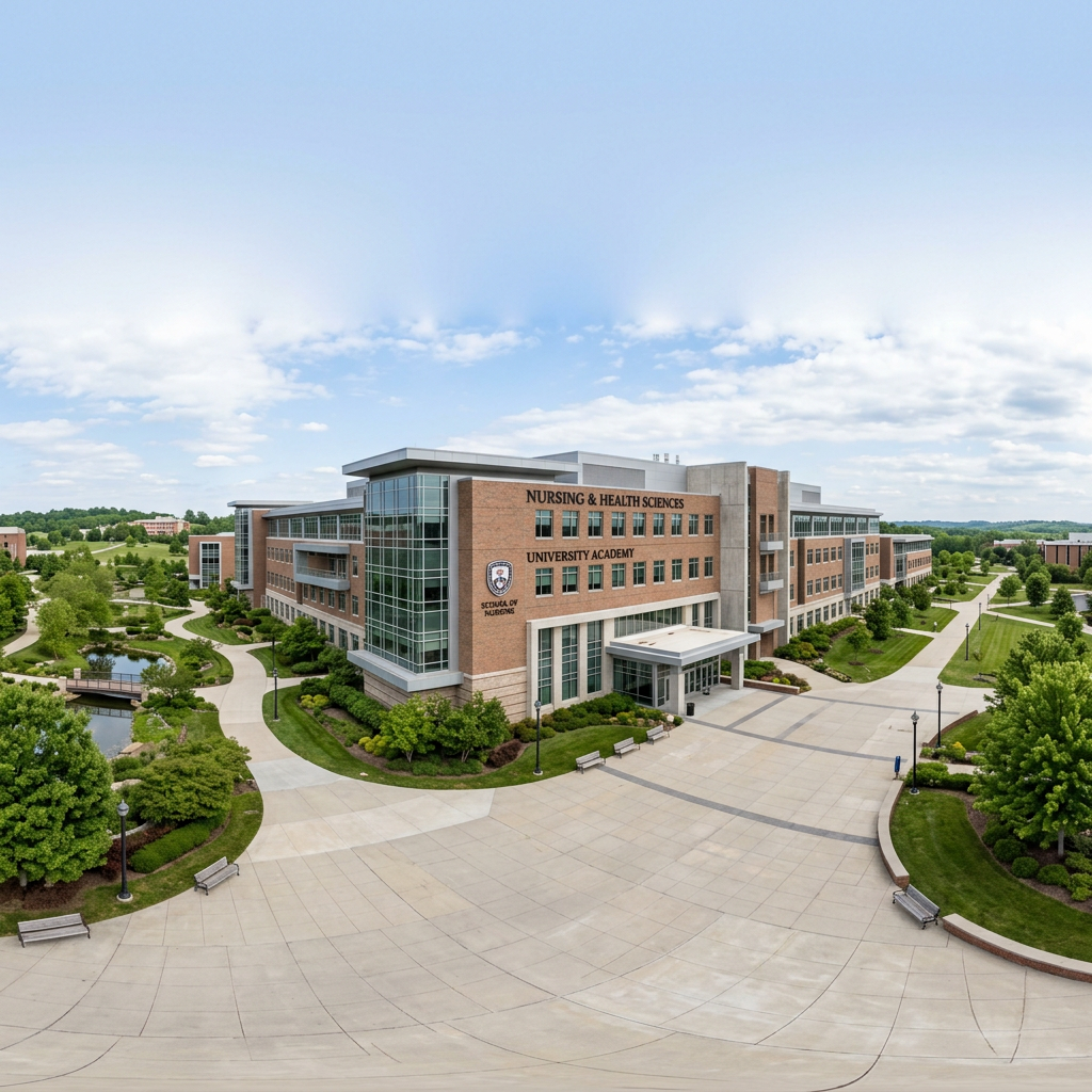 Nursing & Health Sciences University Academy building with brick facade and large glass windows surrounded by pathways and landscaped gardens under a partly cloudy sky